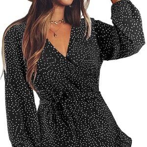 Amoretu Long Sleeve V Neck Short Wrap Dress, Medium, Black